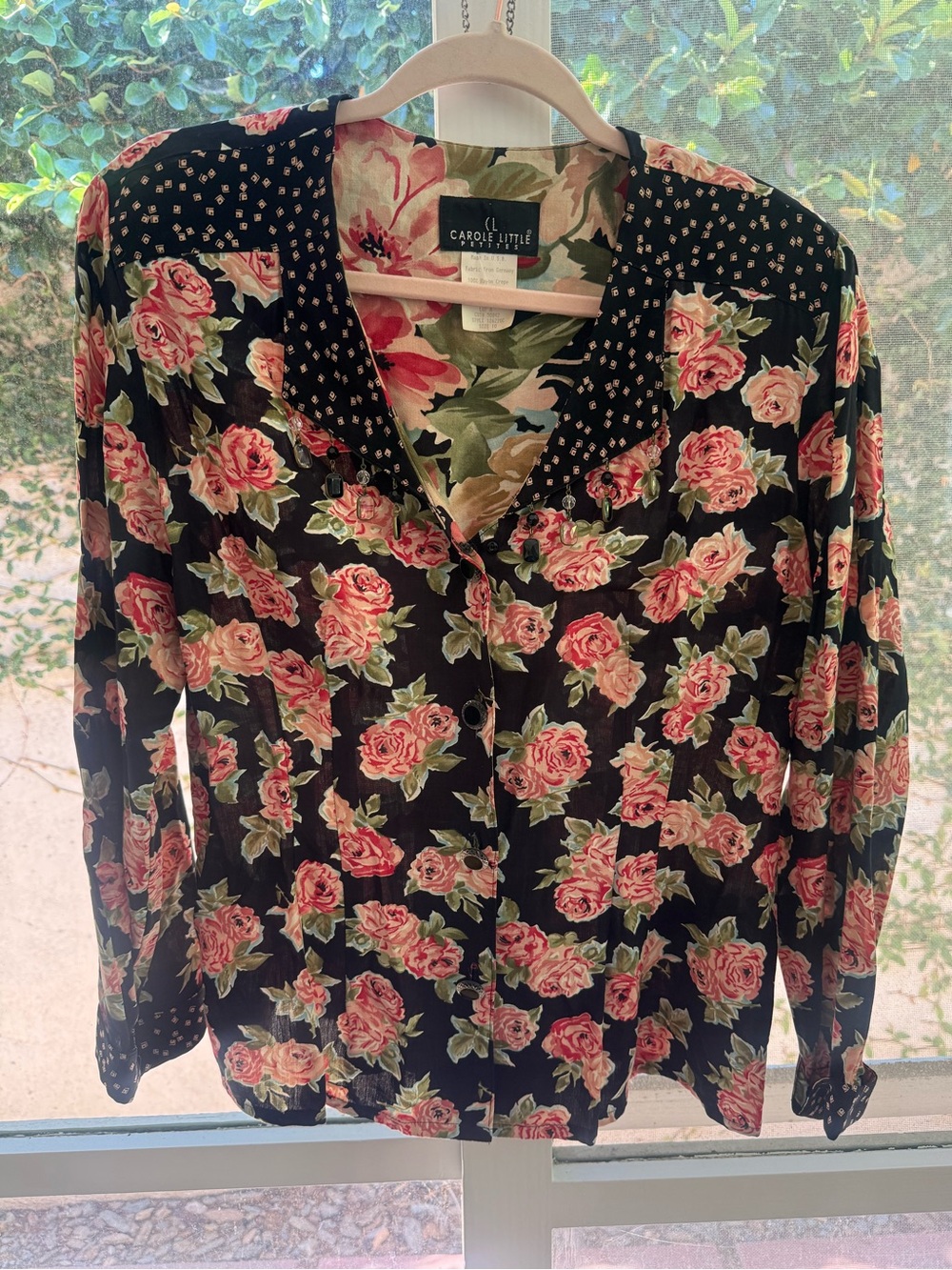 Vintage 90s Cottage Whimsy Rose Mixed Media
Button Up w/ Crystal Embellishments